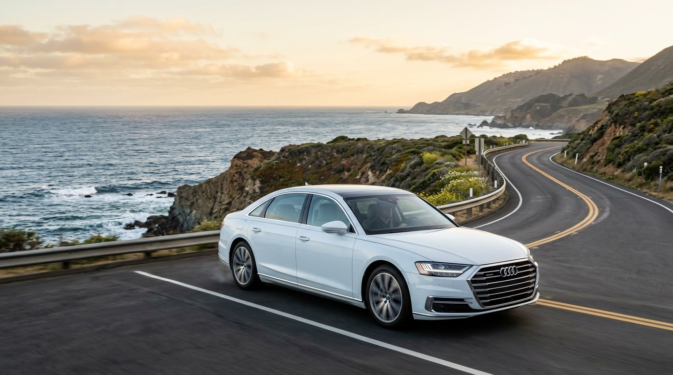 Luxury auto insurance vehicle on scenic highway in warm sunlight