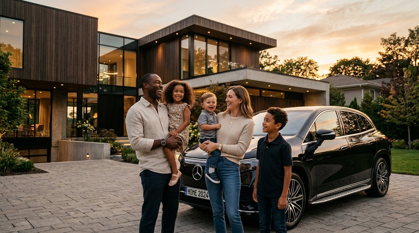 Heaven Insurance Solution happy family outside modern home with luxury vehicle at sunset