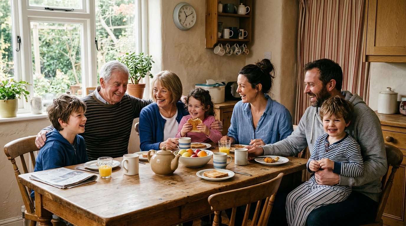 Life insurance multi-generational family having breakfast